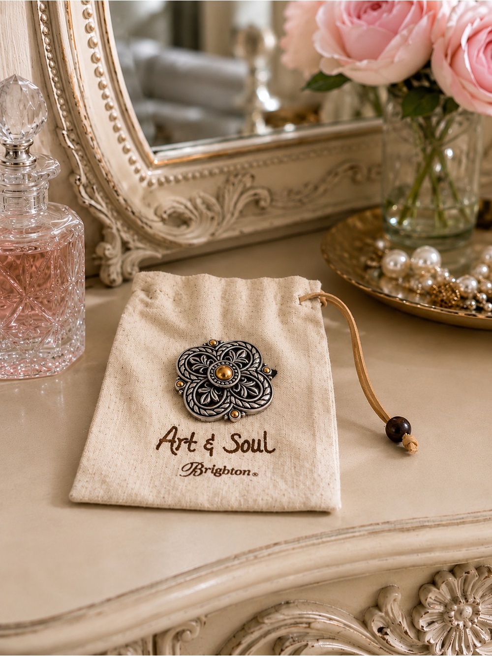 Brighton Art & Soul Two-Tone Floral Brooch Pin w/ Original Pouch